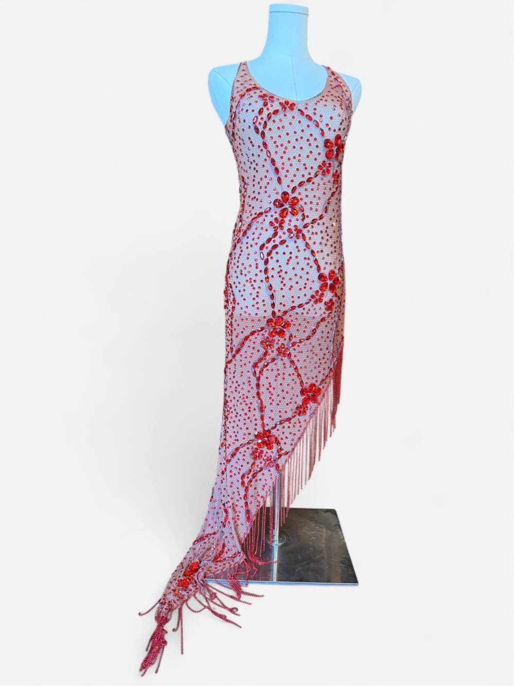 NWT Mew Mews Red Rhinestone Fringe Mesh Gown | Size Small | Glam Evening Dress
